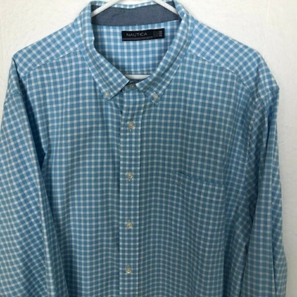 NAUTICA White Aqua Blue Plaid Check Denim Trim Flip Cuff Shirt Men's size XXL